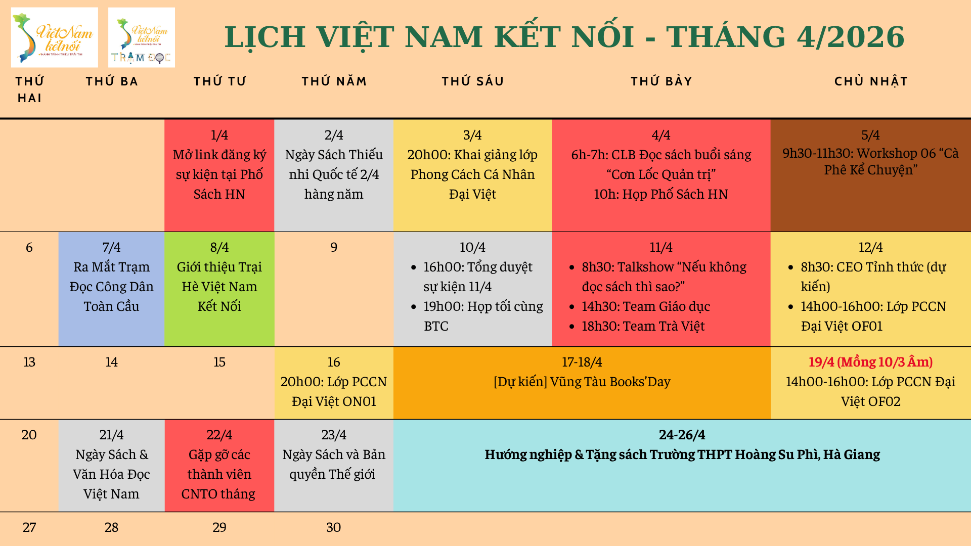 LỊCH HOẠT ĐỘNG CỦA VIỆT NAM KẾT NỐI THÁNG 4.2026